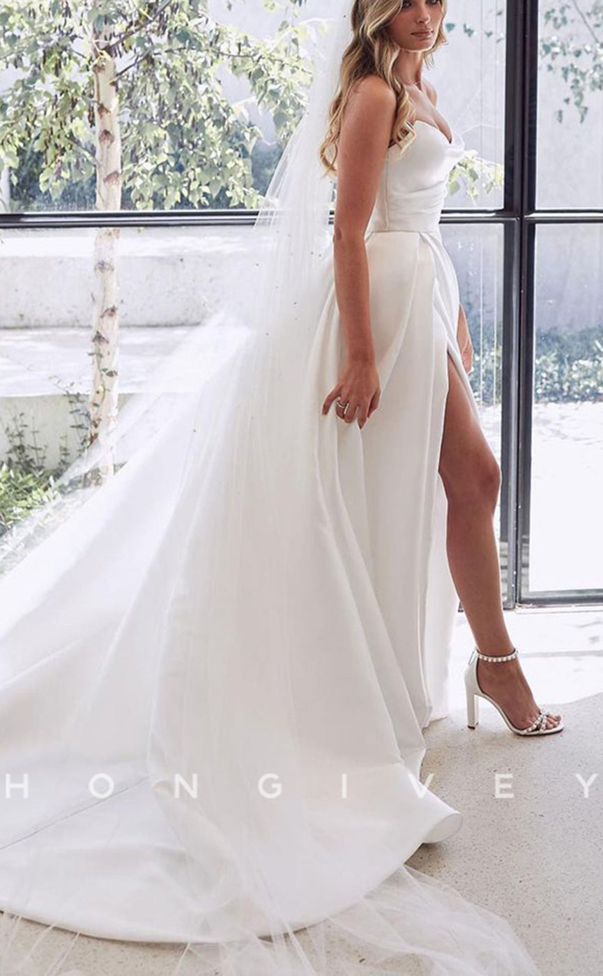 H0915 - Simple Strapless Ruched With Train And Slit Long Wedding Dress