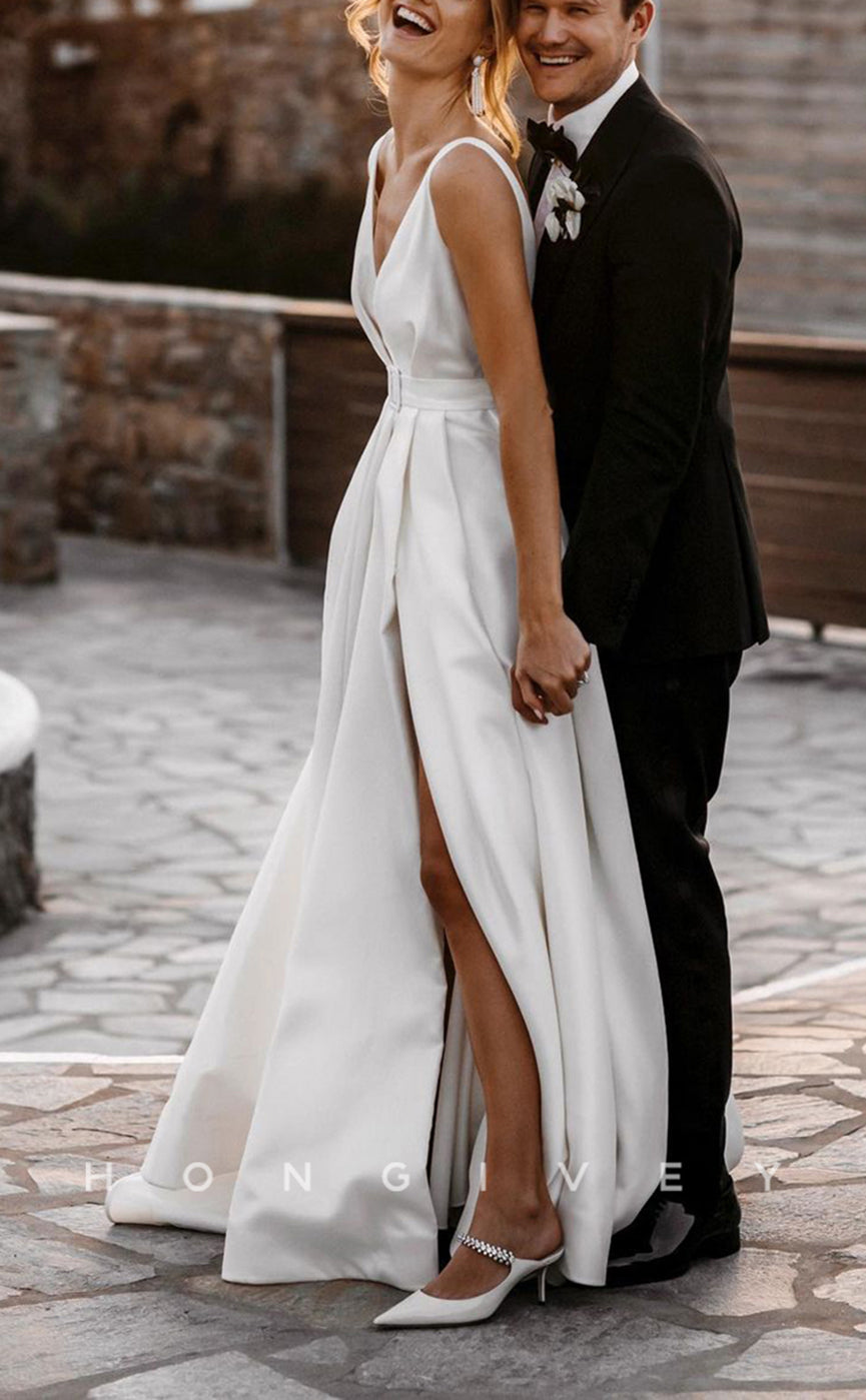 H0916 - Simple V-Neck Open Back Ruched With Train And Slit Long Wedding Dress