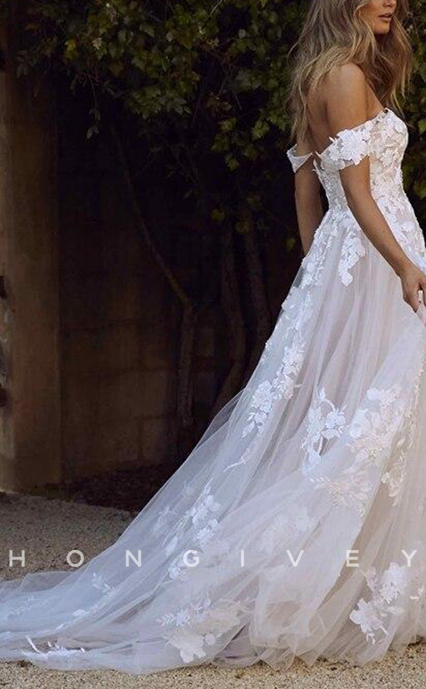 H0918 - Fully Floral Lace Embroidered Tiered With Train Long Wedding Dress