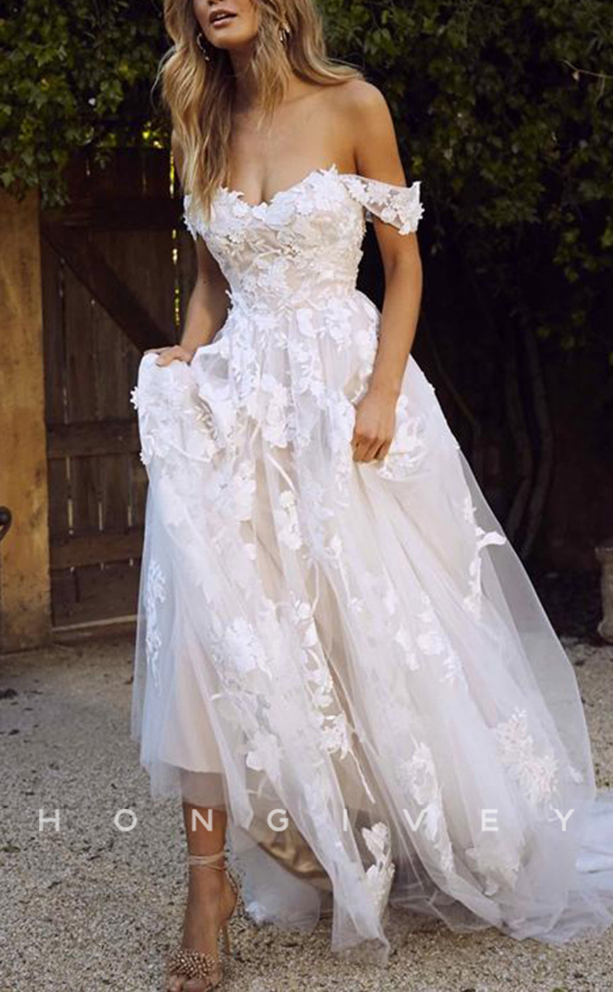 H0918 - Fully Floral Lace Embroidered Tiered With Train Long Wedding Dress