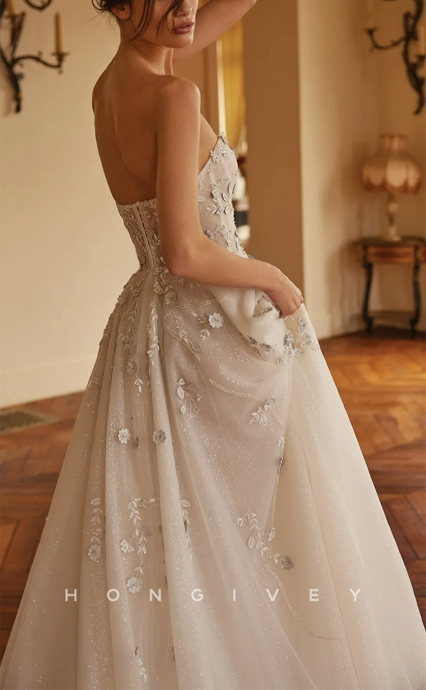 H0935 - Sparkly Floral Embossed Crystal Beaded Illusion Strapless With Train Long Wedding Dress