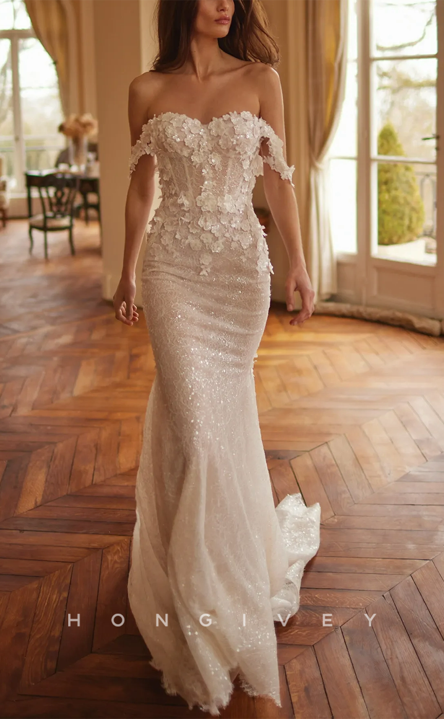 H0939 - Sparkly Floral Embossed Illusion With Train Long Wedding Dress