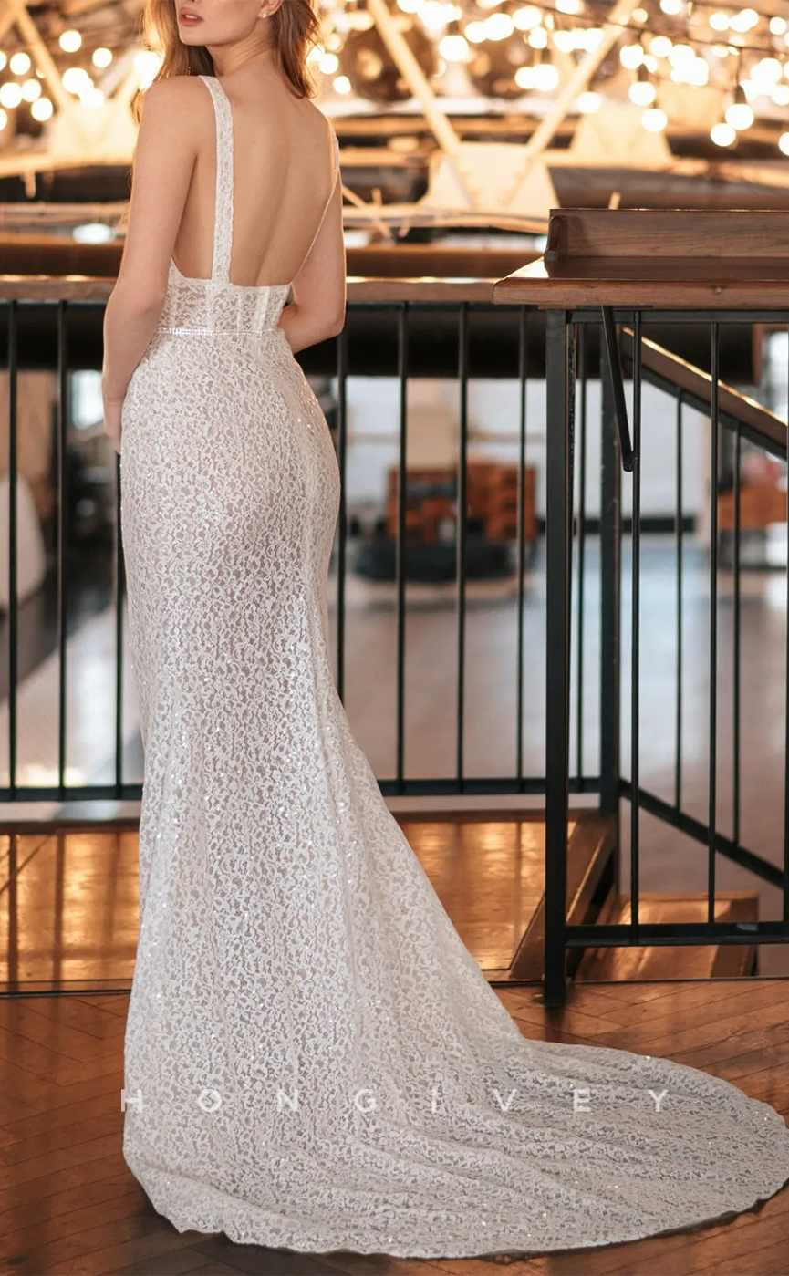 H0950 - Sparkly Crystal Beaded Fully Floral Lace Sheer With Train And Slit Long Wedding Dress