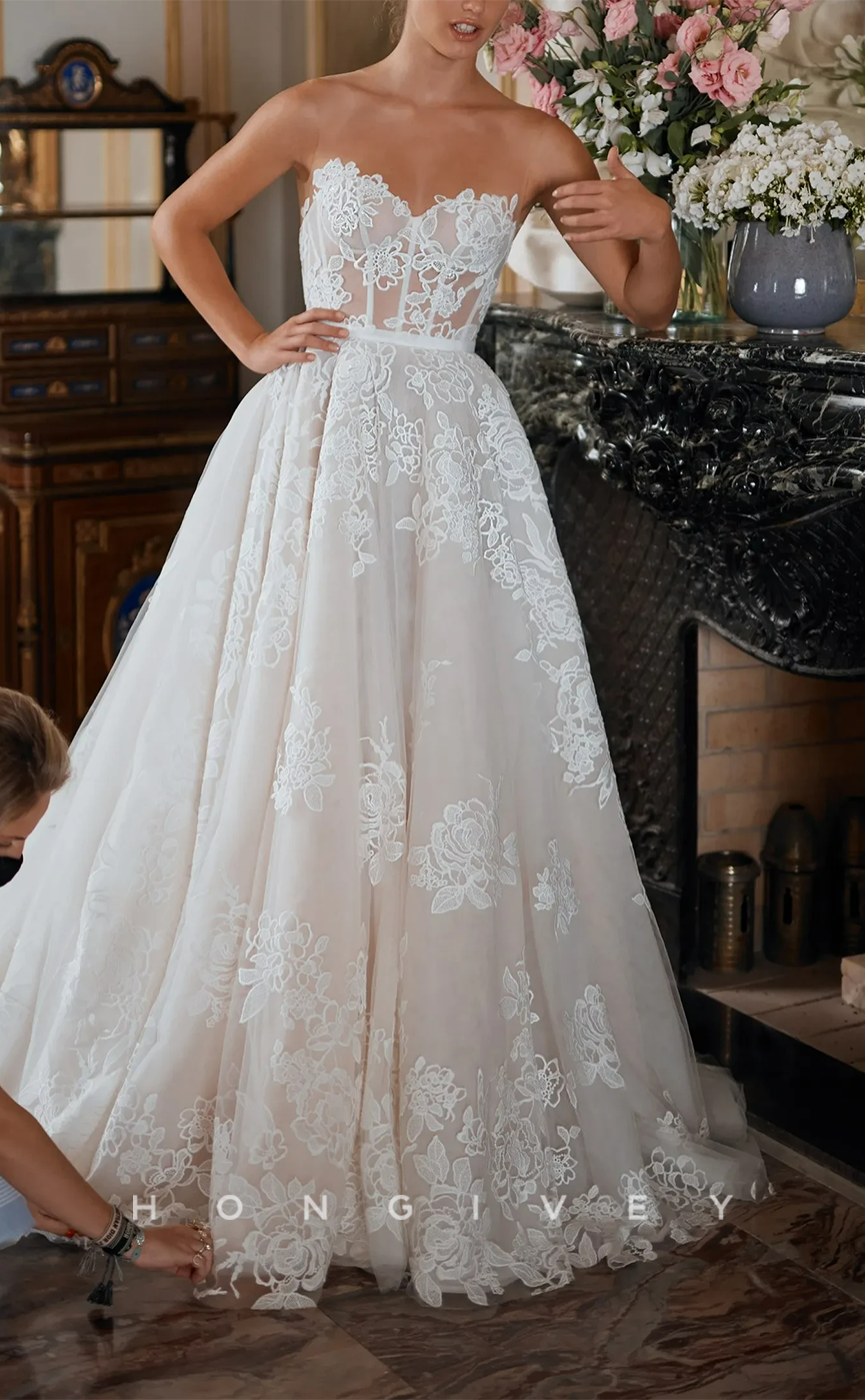 H0953 - Illusion Fully Floral Embroidered Lace Applique Strapless With Train Long Wedding Dress