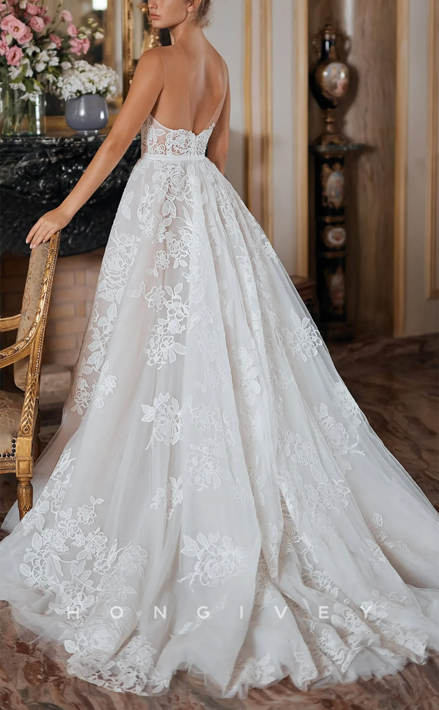 H0953 - Illusion Fully Floral Embroidered Lace Applique Strapless With Train Long Wedding Dress