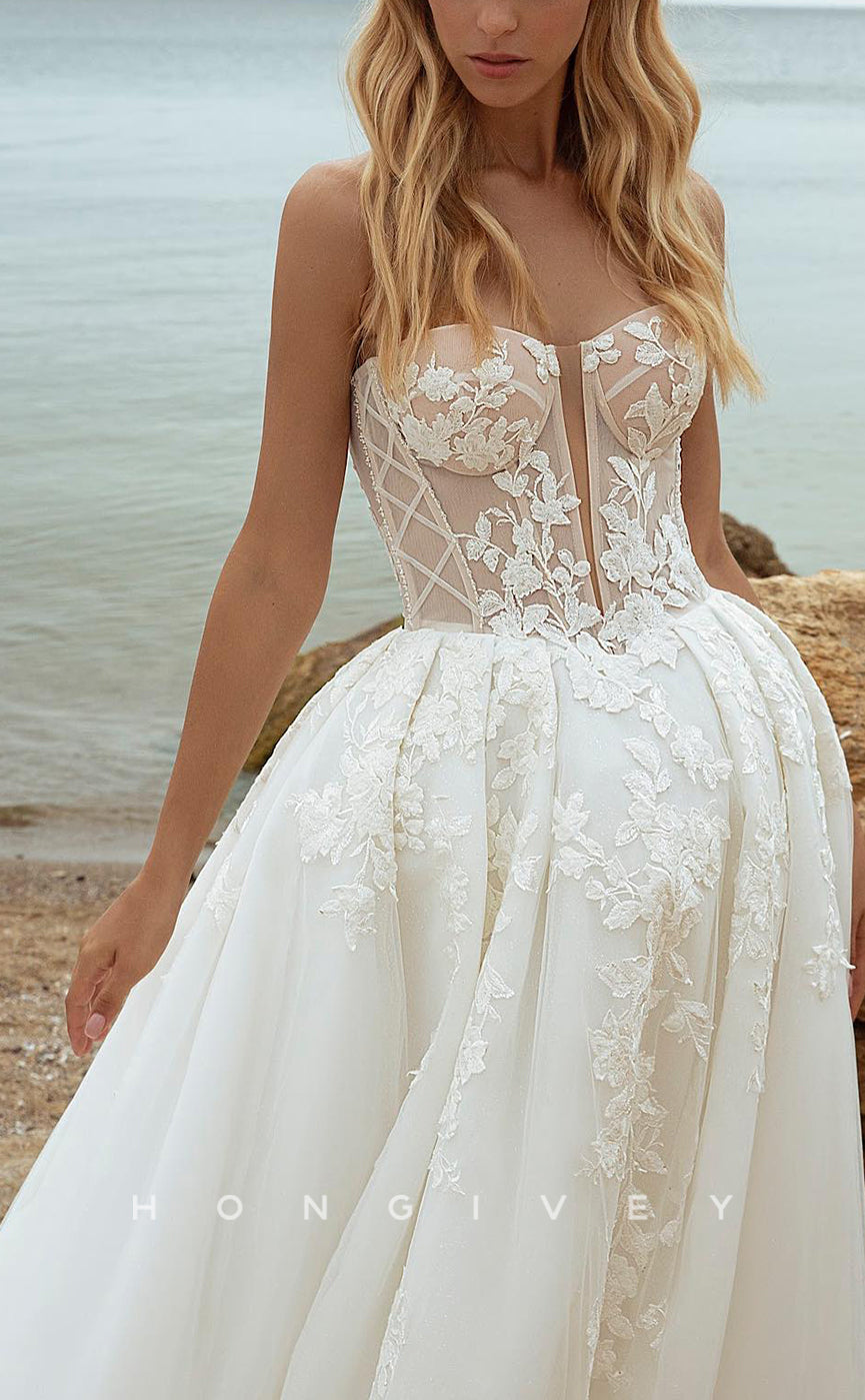 H0955 - Illusion Floral Embroidered Puff Sleeves Plunging Illusion With Train Long Wedding Dress