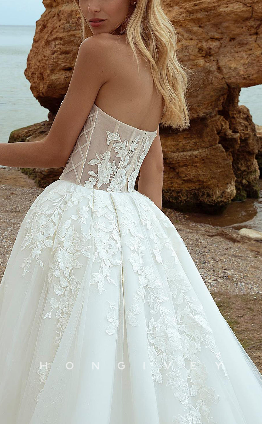 H0955 - Illusion Floral Embroidered Puff Sleeves Plunging Illusion With Train Long Wedding Dress