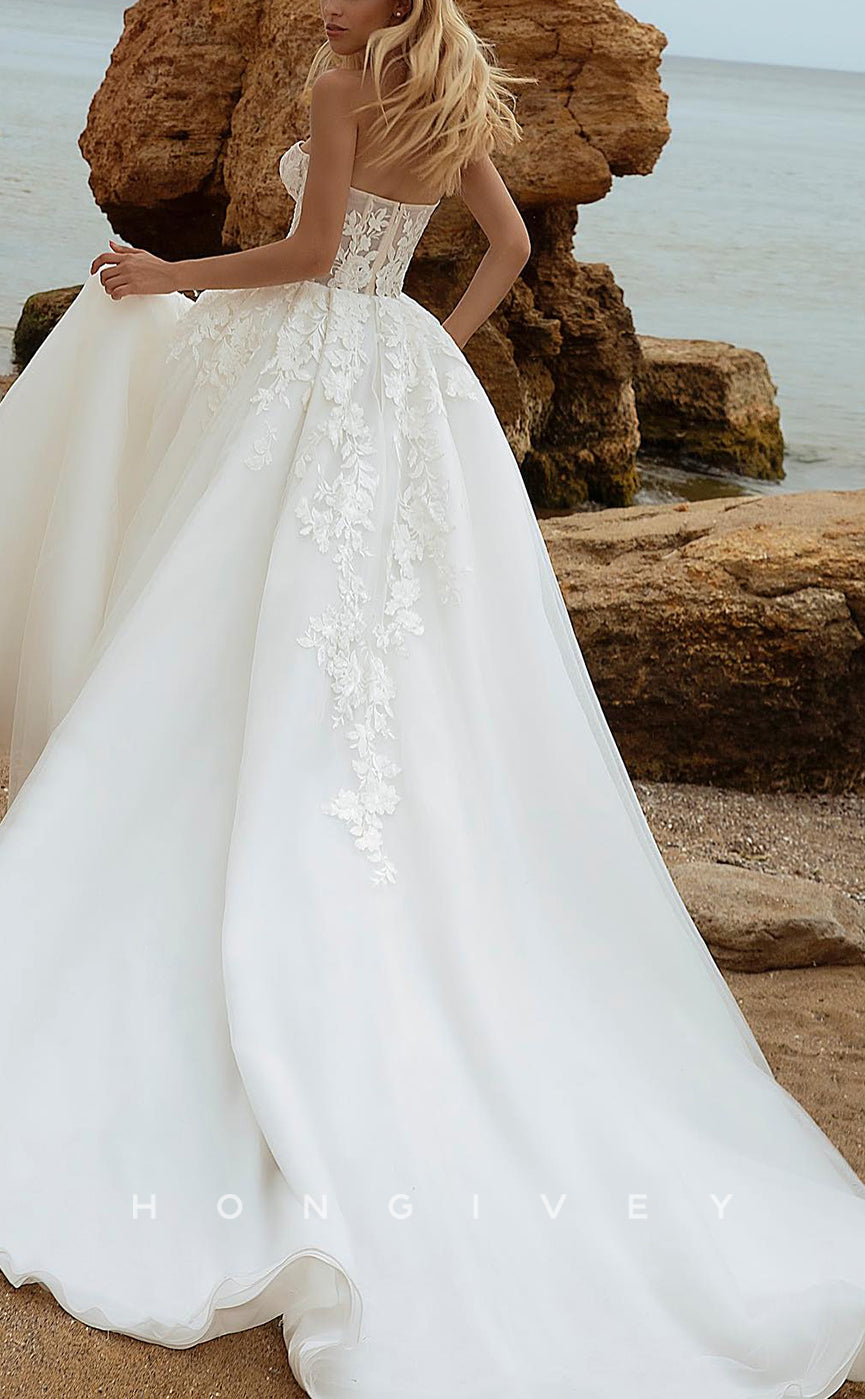 H0955 - Illusion Floral Embroidered Puff Sleeves Plunging Illusion With Train Long Wedding Dress