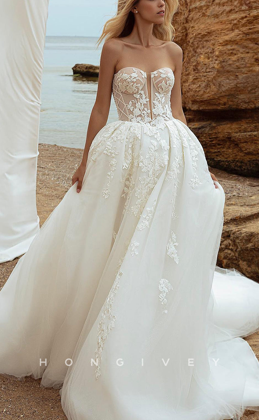 H0955 - Illusion Floral Embroidered Puff Sleeves Plunging Illusion With Train Long Wedding Dress