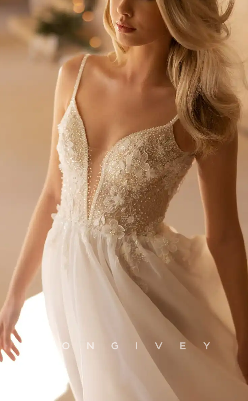 H0956 - Sheer Floral Embossed Beaded Plunging Illusion With Train Long Wedding Dress