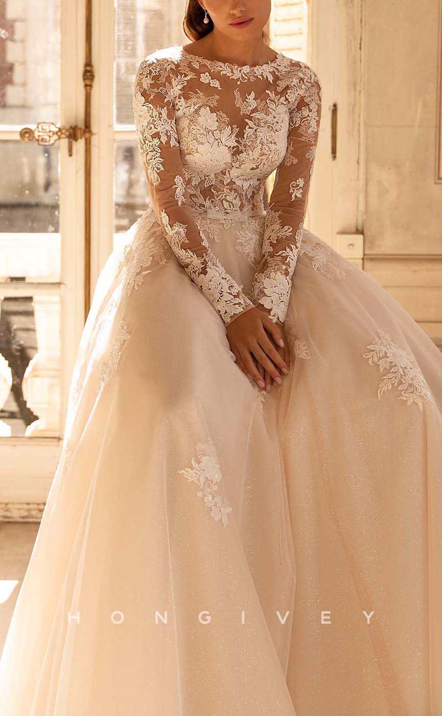 H0961 - Sparkly Illusion Floral Lace Embroidered Long Sleeves With Train Long Wedding Dress