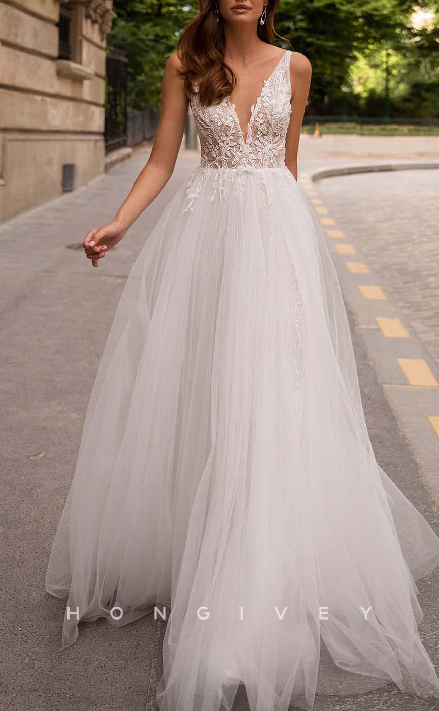 H0968 - Illusion Lace Applique V-Neck Open Back With Train Long Wedding Dress