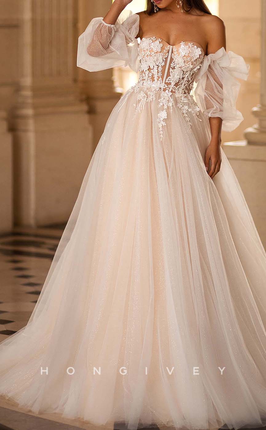 H0971 - Illusion Lace Applique Tiered Puff Sleeves With Train Long Wedding Dress