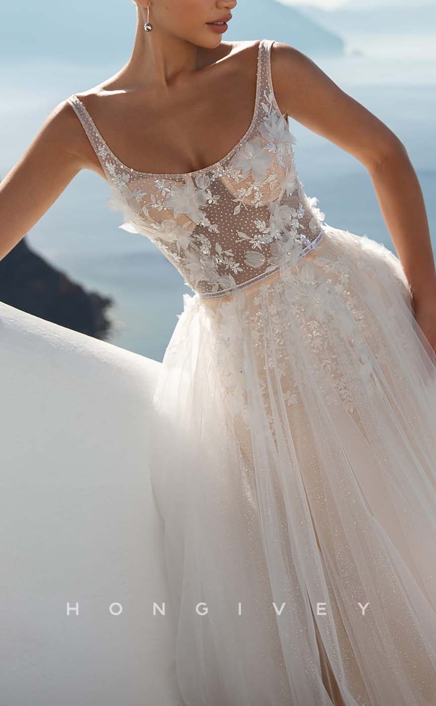 H0972 - Sheer Lace Applique Floral Embossed Tiered With Train Long Wedding Dress