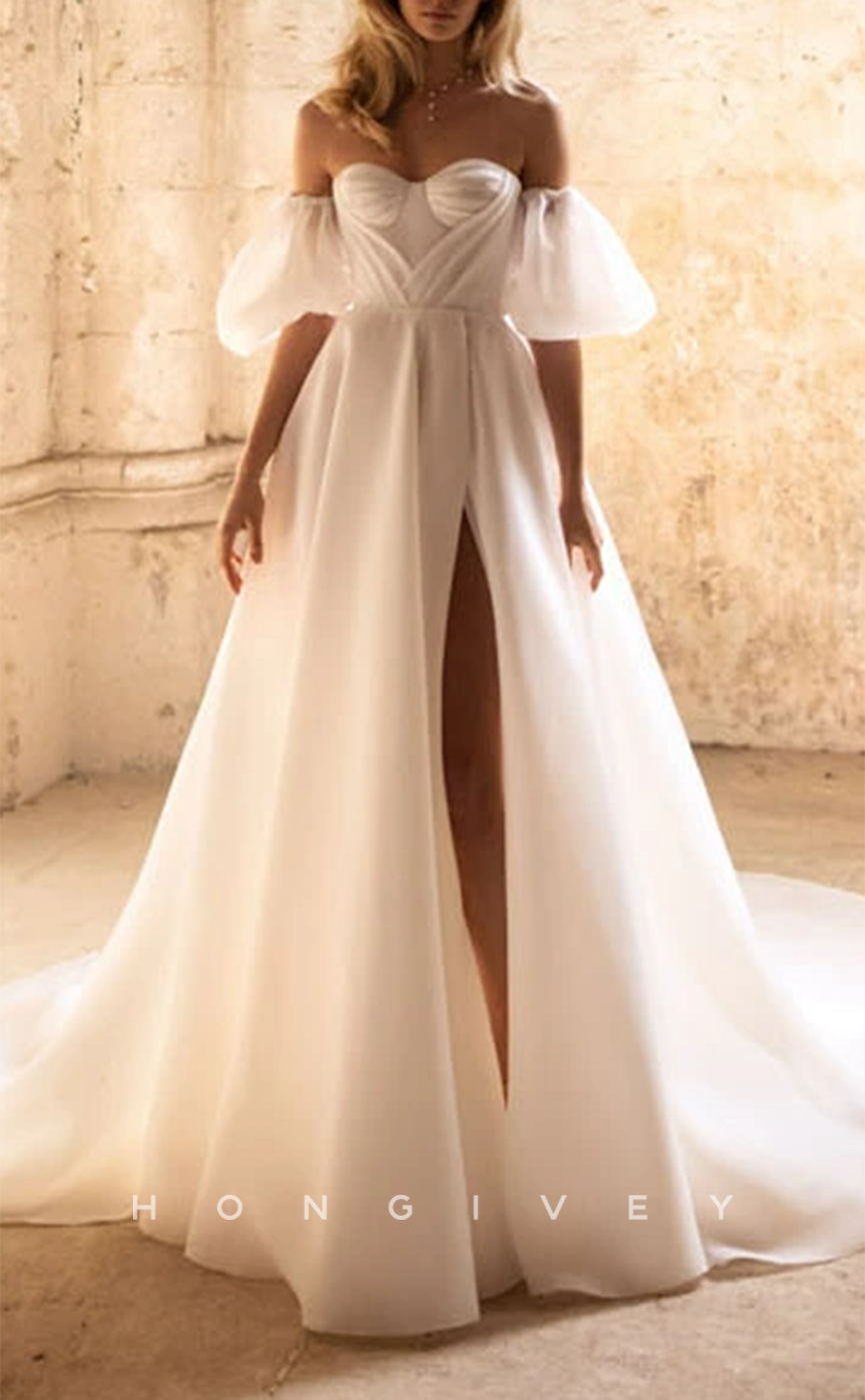 H0977 - Illusion Ruched Puff Sleeves Strapless With Train And Slit Long Wedding Dress