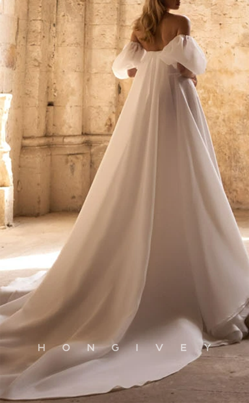 H0977 - Illusion Ruched Puff Sleeves Strapless With Train And Slit Long Wedding Dress