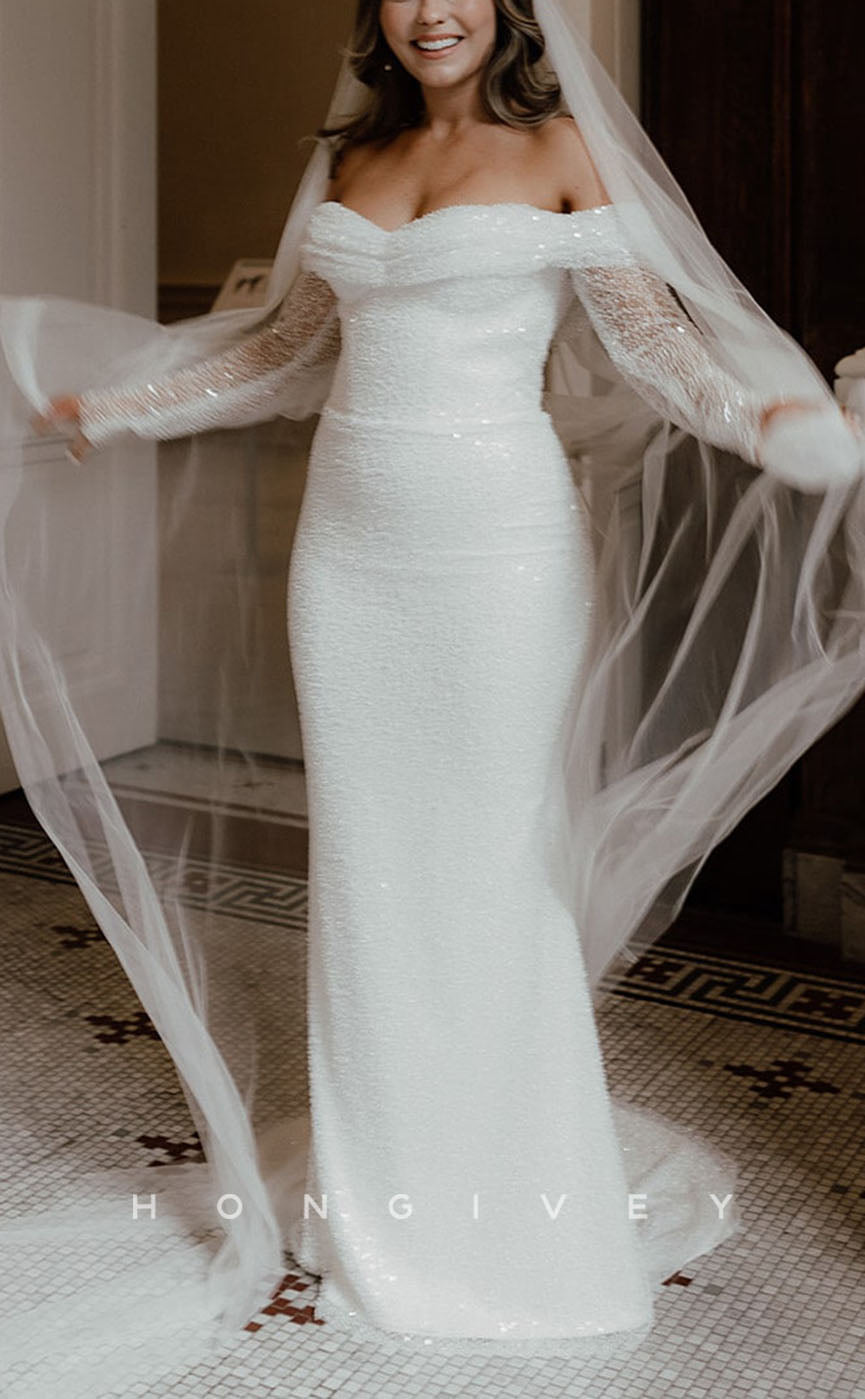 H0978 - Fully Sequined Beaded Long Sleeves With Train And Overlay Long Wedding Dress