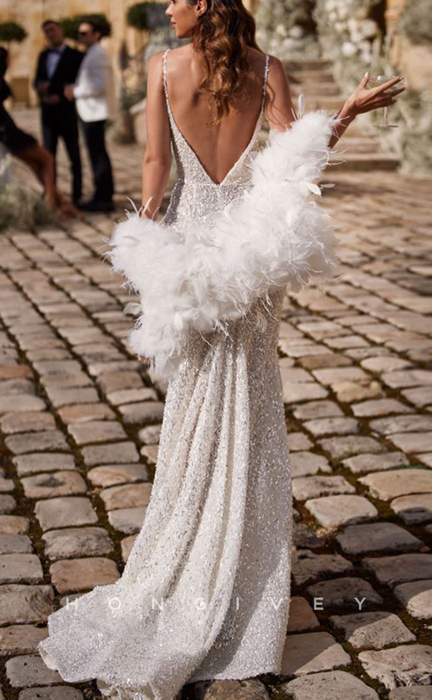 H0983 - Fully Sequined Deep V-Neck Feathered Bolero With Train And Slit Long Wedding Dress