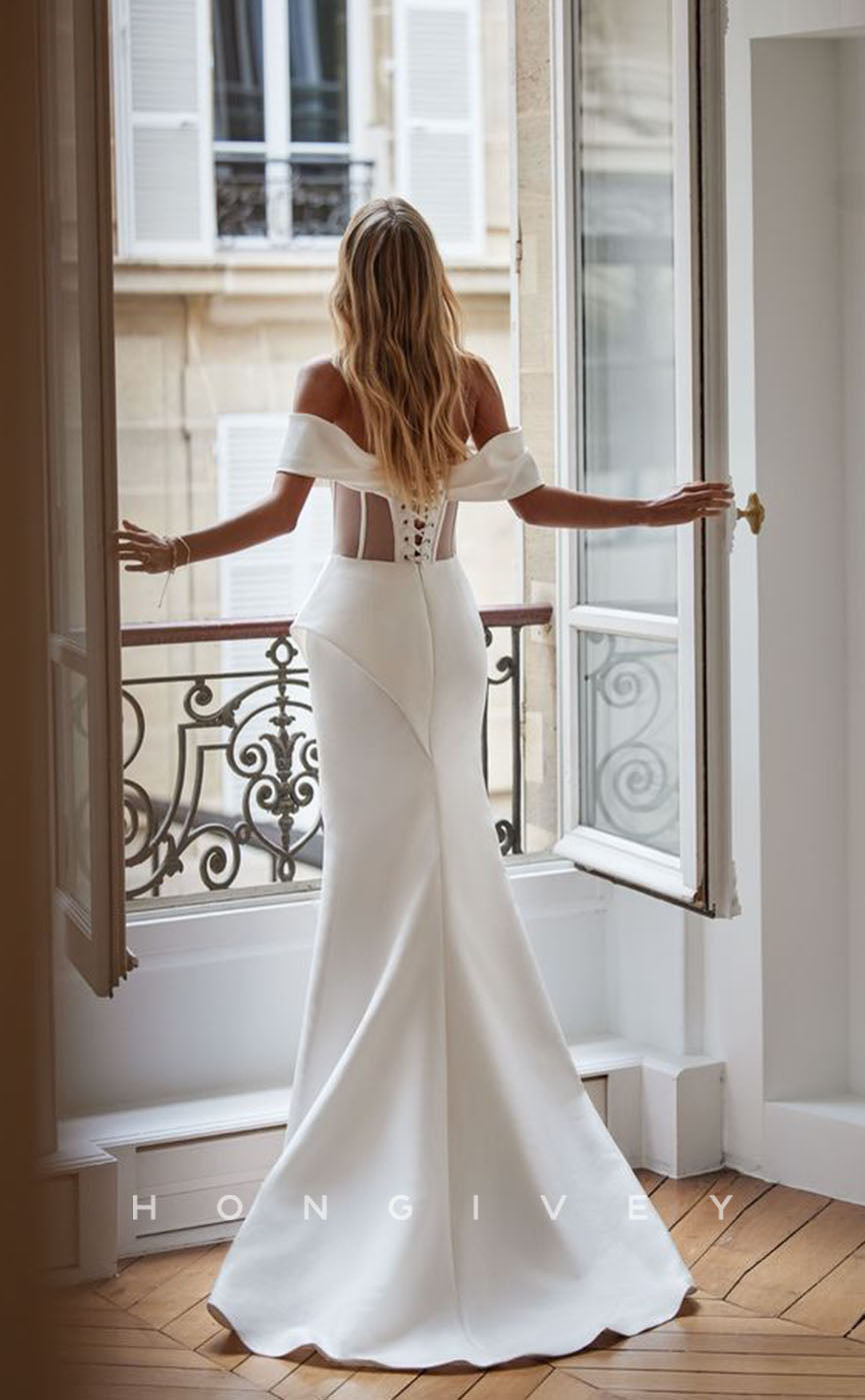 H0986 - Simple Ruched Sheer Lace-Up Back With Train And Slit Long Wedding Dress