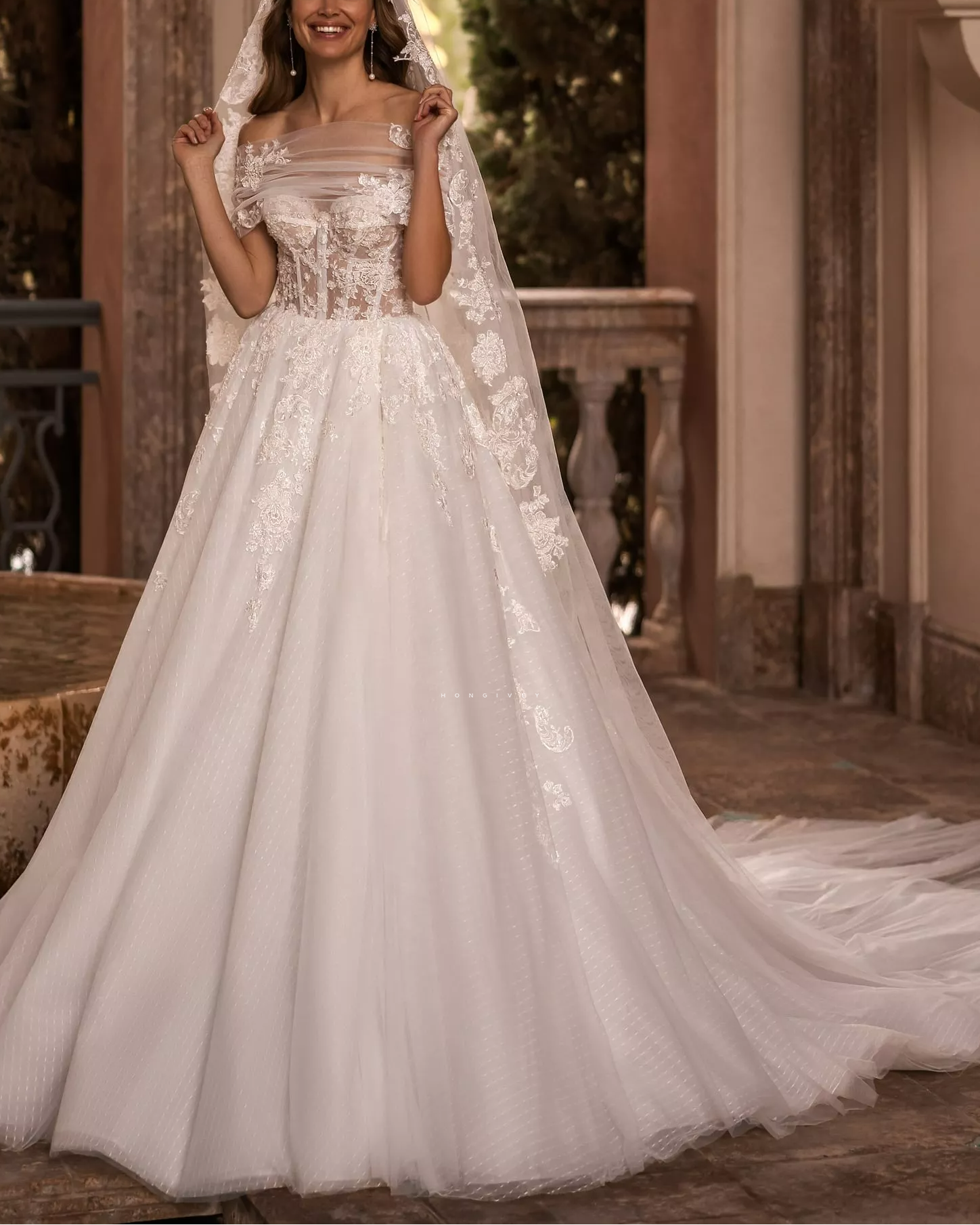 H0989 - Sexy Tulle Gown Sheer Ballgown With Train Long  Wedding Dress