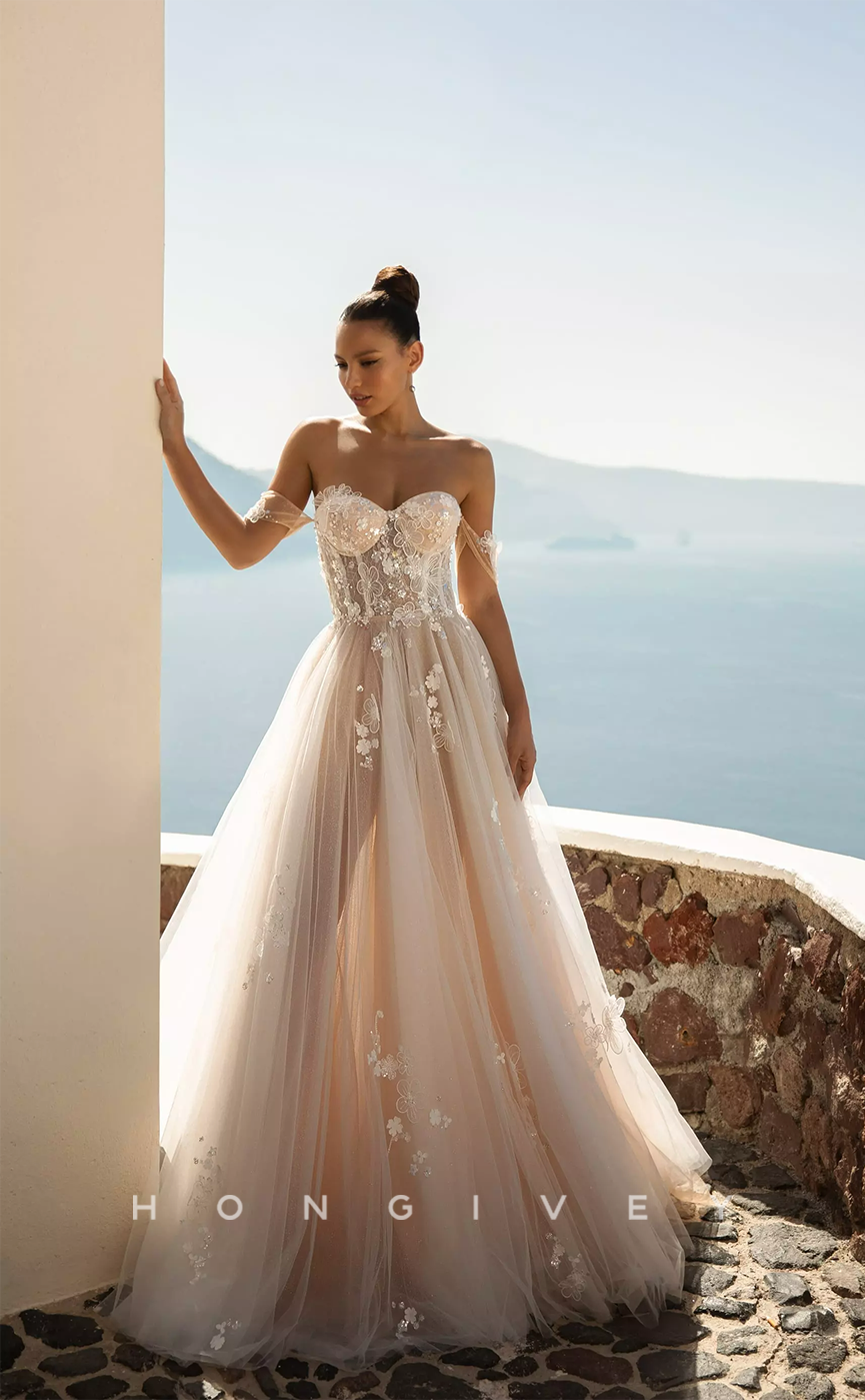 H0995 - Sexy Strapless Sheer Ballgown Appliques Long Beach/Boho Wedding Dress