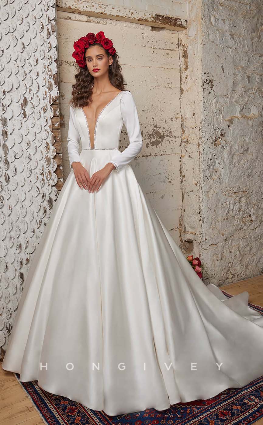 H1001 - Sexy Satin Plunging Neck Backless With Sweep Train Long Wedding Dress