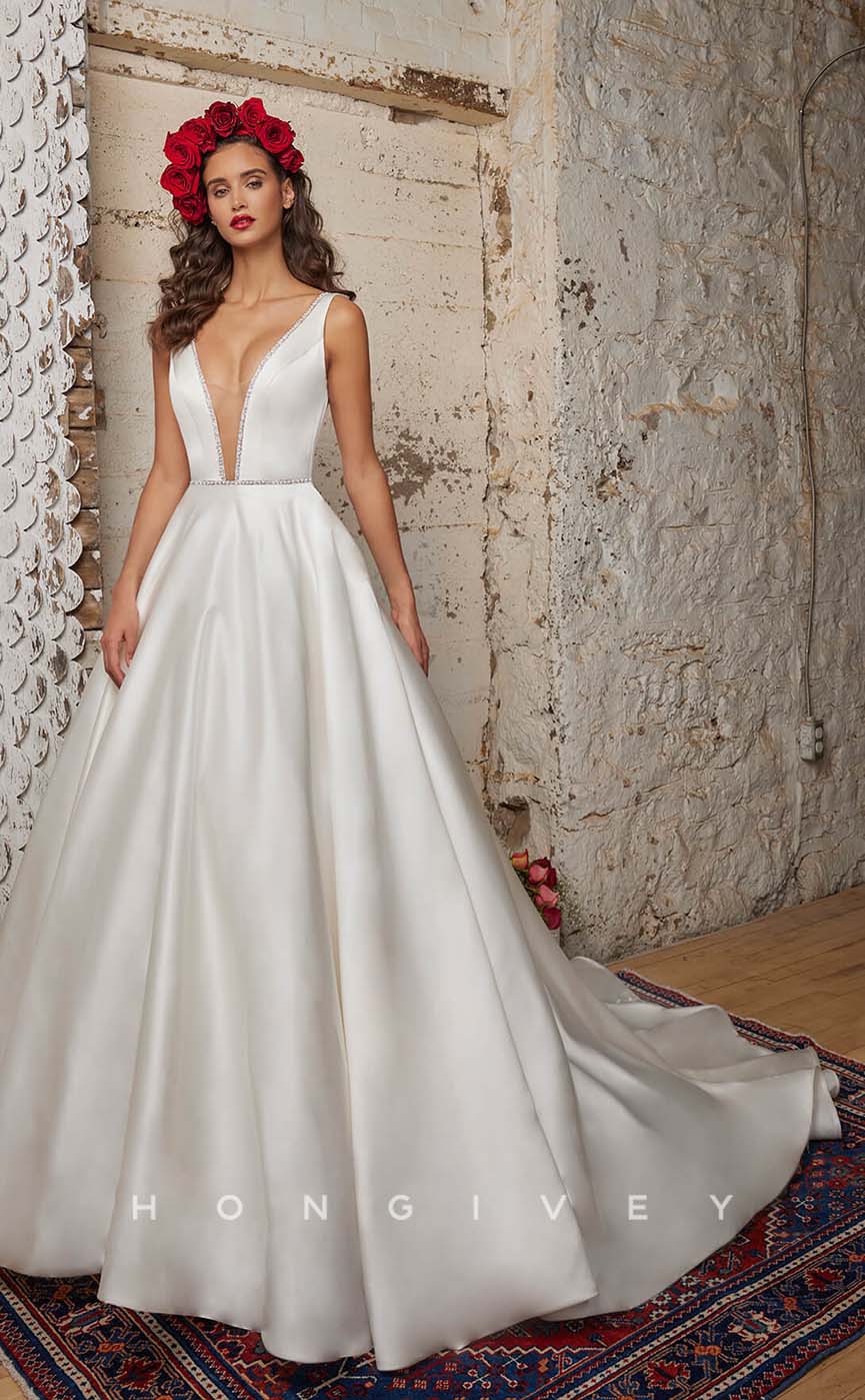 H1001 - Sexy Satin Plunging Neck Backless With Sweep Train Long Wedding Dress