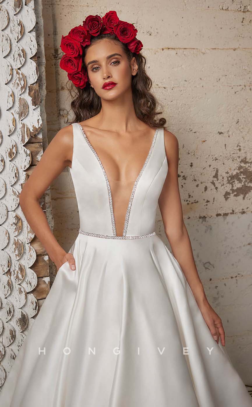 H1001 - Sexy Satin Plunging Neck Backless With Sweep Train Long Wedding Dress