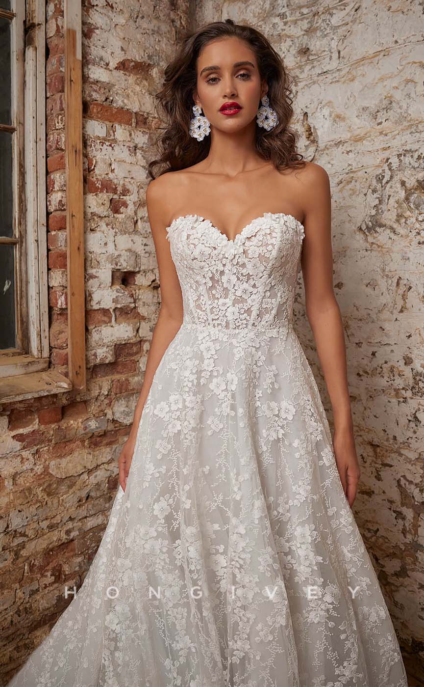 H1002 - Popular Sweetheart Lace Appliques With Sweep Train Long Boho/Beach Wedding Dress