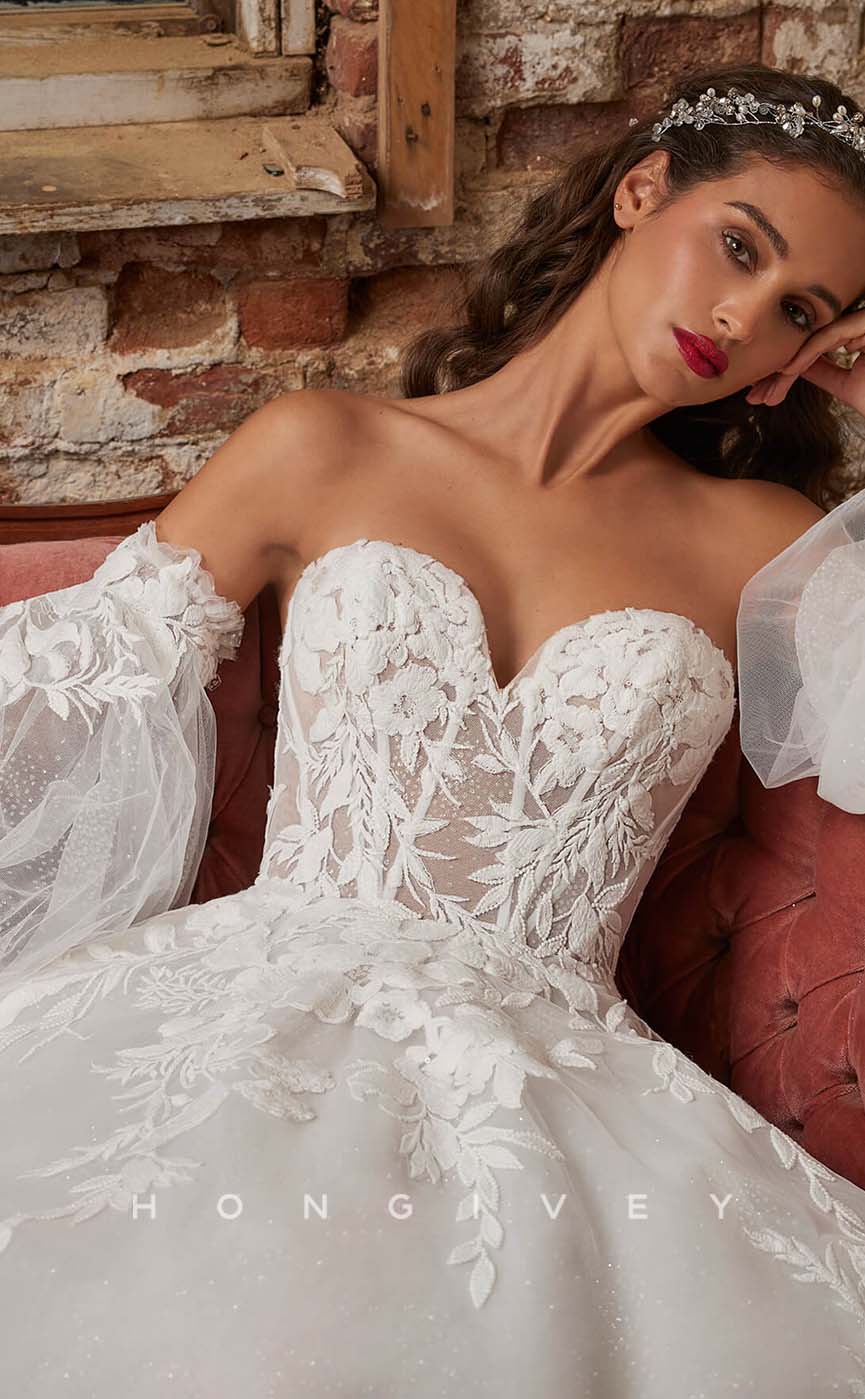 H1003 - Classic Sweetheart Sheer Ballgown Appliques With Train Long Boho/Beach Wedding Dress