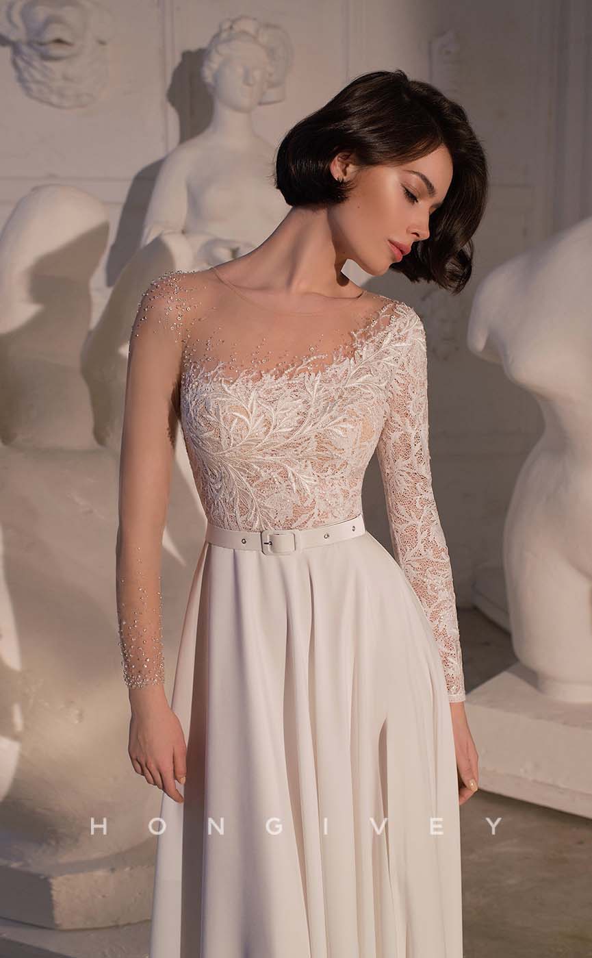 H1010 - Sexy Lace One Shoulder Illusion Cutout Belt Long Wedding Dress