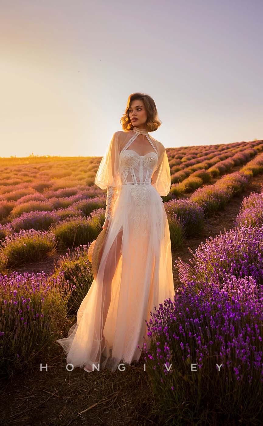 H1011 - Sexy Lace Sheer Empire Sweetheart Long Sleeve Long Bohemian/Beach Wedding Dress