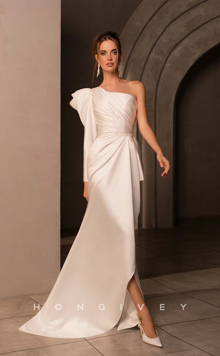 H1016 - Sexy Satin One Shoulder Long Sleeve Gown Ruched With Sweep Train Long Wedding Dress