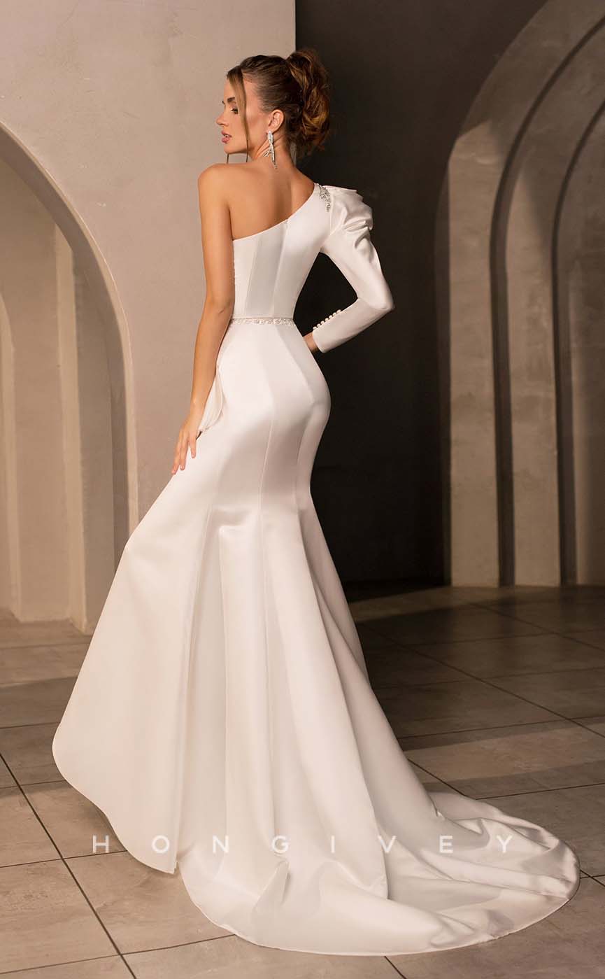 H1016 - Sexy Satin One Shoulder Long Sleeve Gown Ruched With Sweep Train Long Wedding Dress