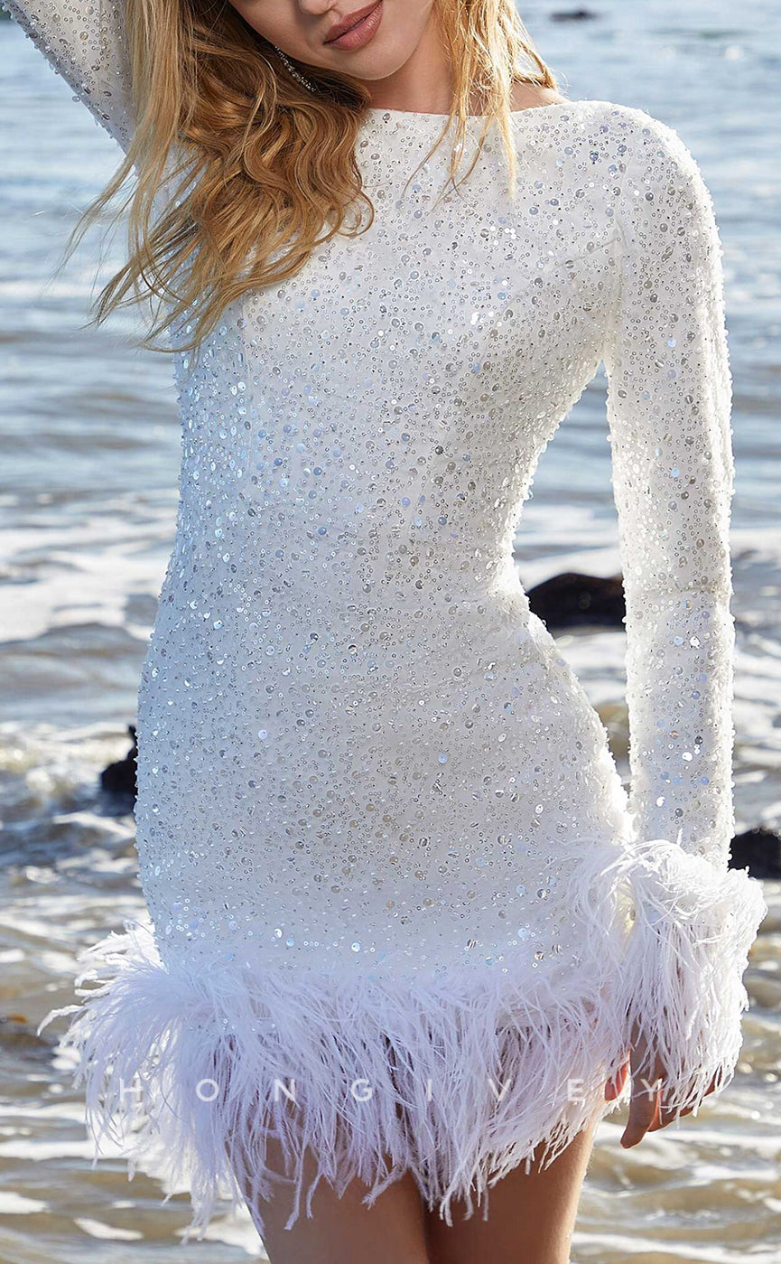 H1020 - Classic Fitted Fully Sequined Long Sleeves Feathered Short Wedding Dress