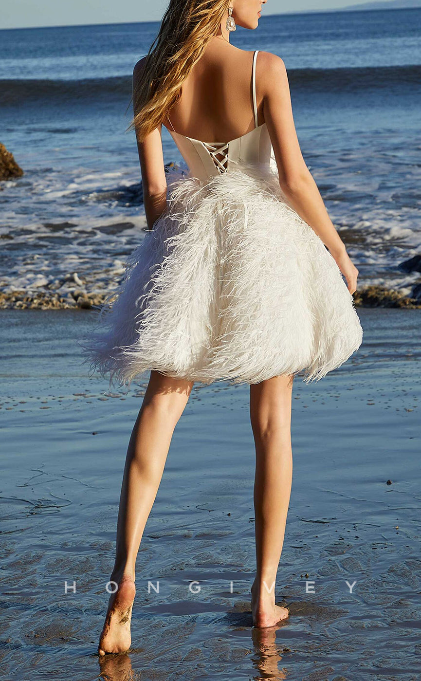 H1022 - Sweet V-Neck Spaghetti Straps Feathered Short Wedding Dress