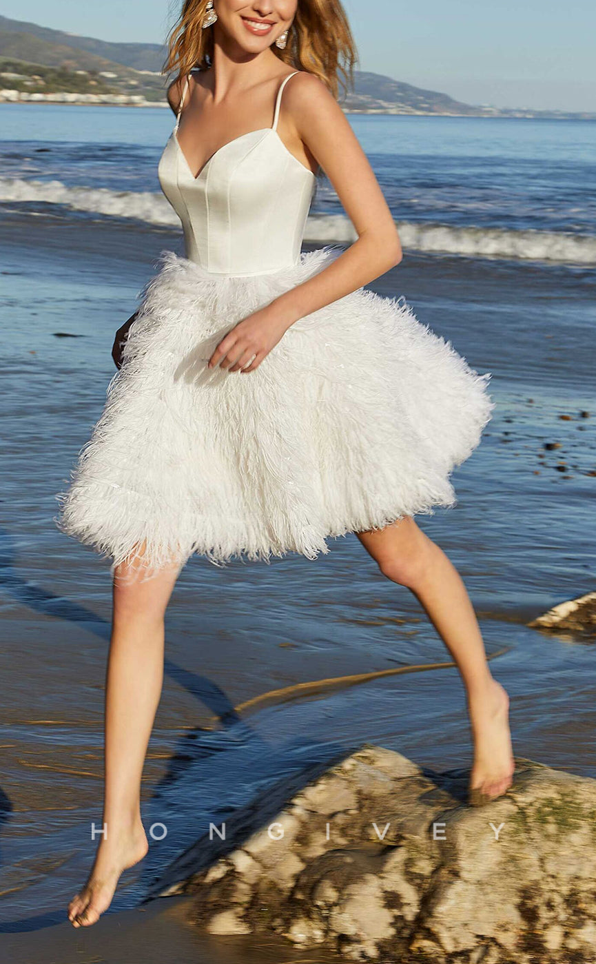 H1022 - Sweet V-Neck Spaghetti Straps Feathered Short Wedding Dress