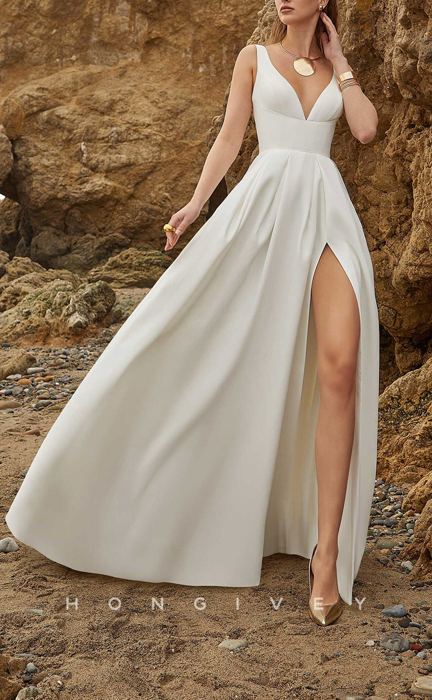 H1026 - Classic & Timeless Satin V-Neck Backless With Side Slit Long Wedding Dress