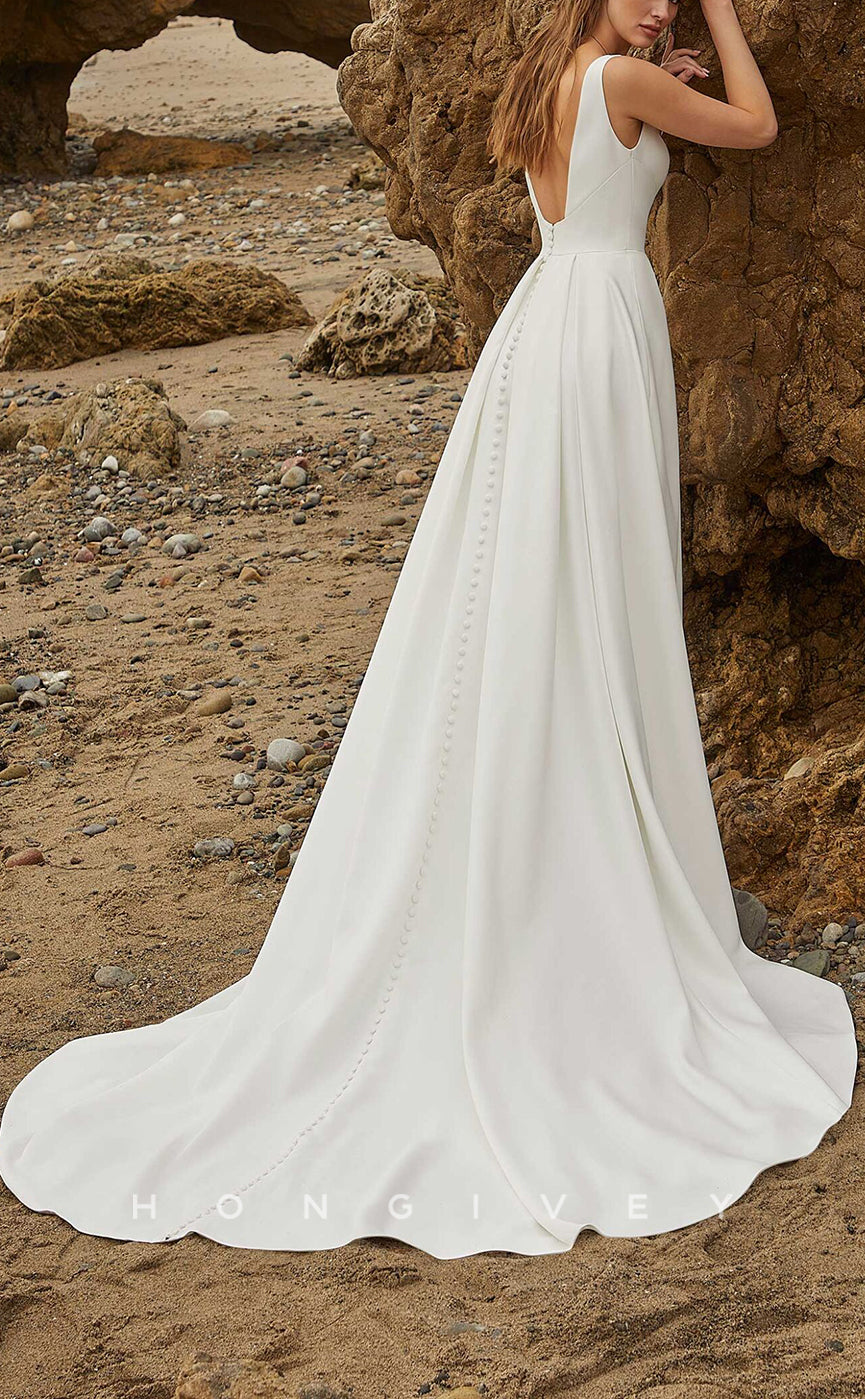 H1026 - Classic & Timeless Satin V-Neck Backless With Side Slit Long Wedding Dress