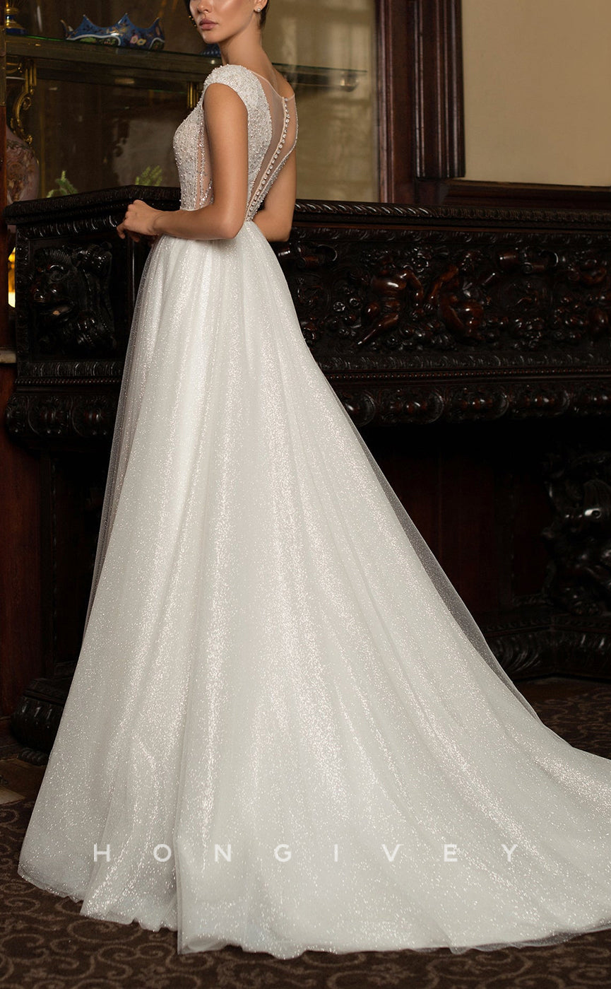 H1029 - Ornate Glitter Plunging Neck Cap Sleeves Beaded Long Wedding Dress