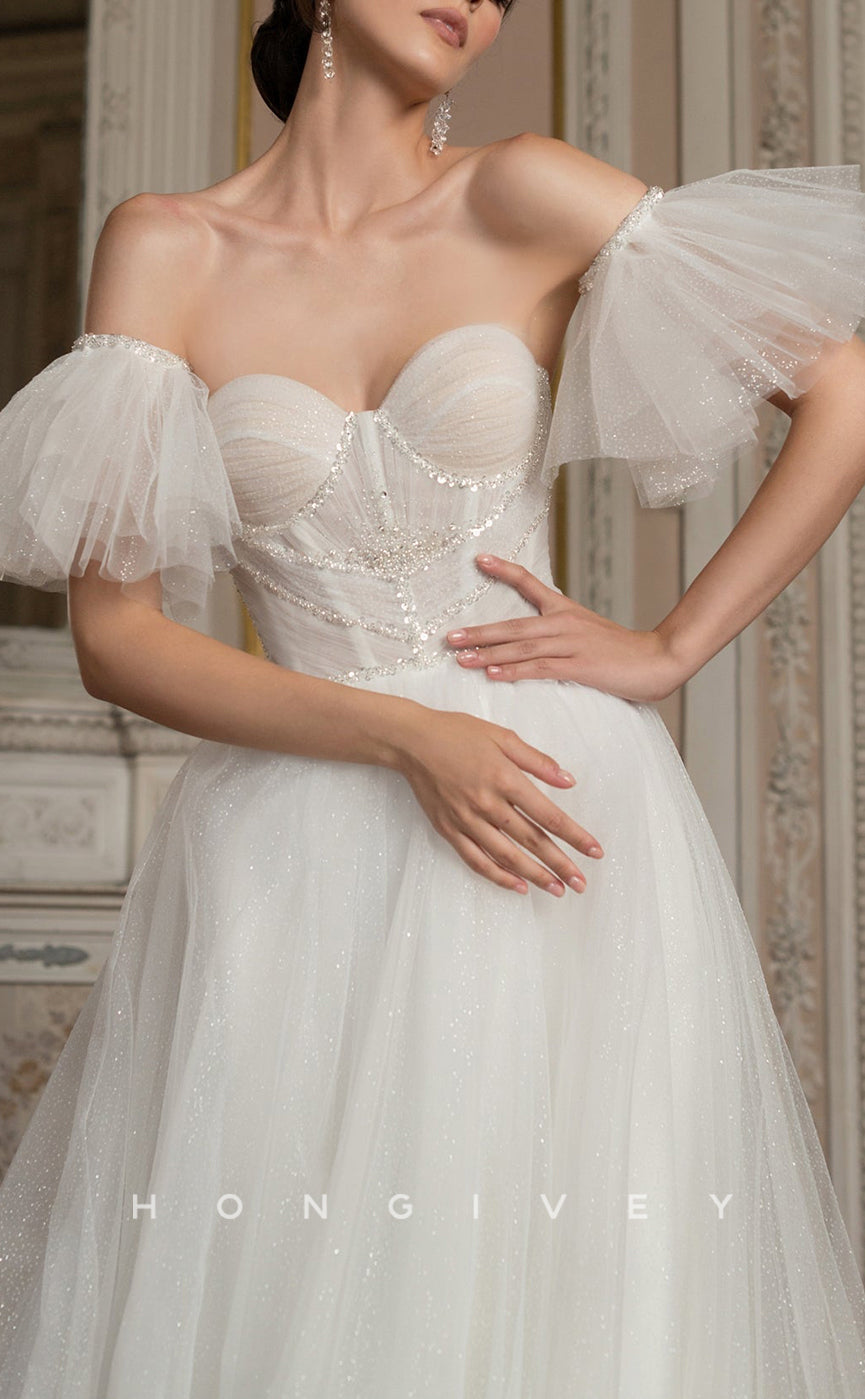 H1032 - Ornate Organza Sweetheart Strapless Puff Sleeves Gown Long Wedding Dress