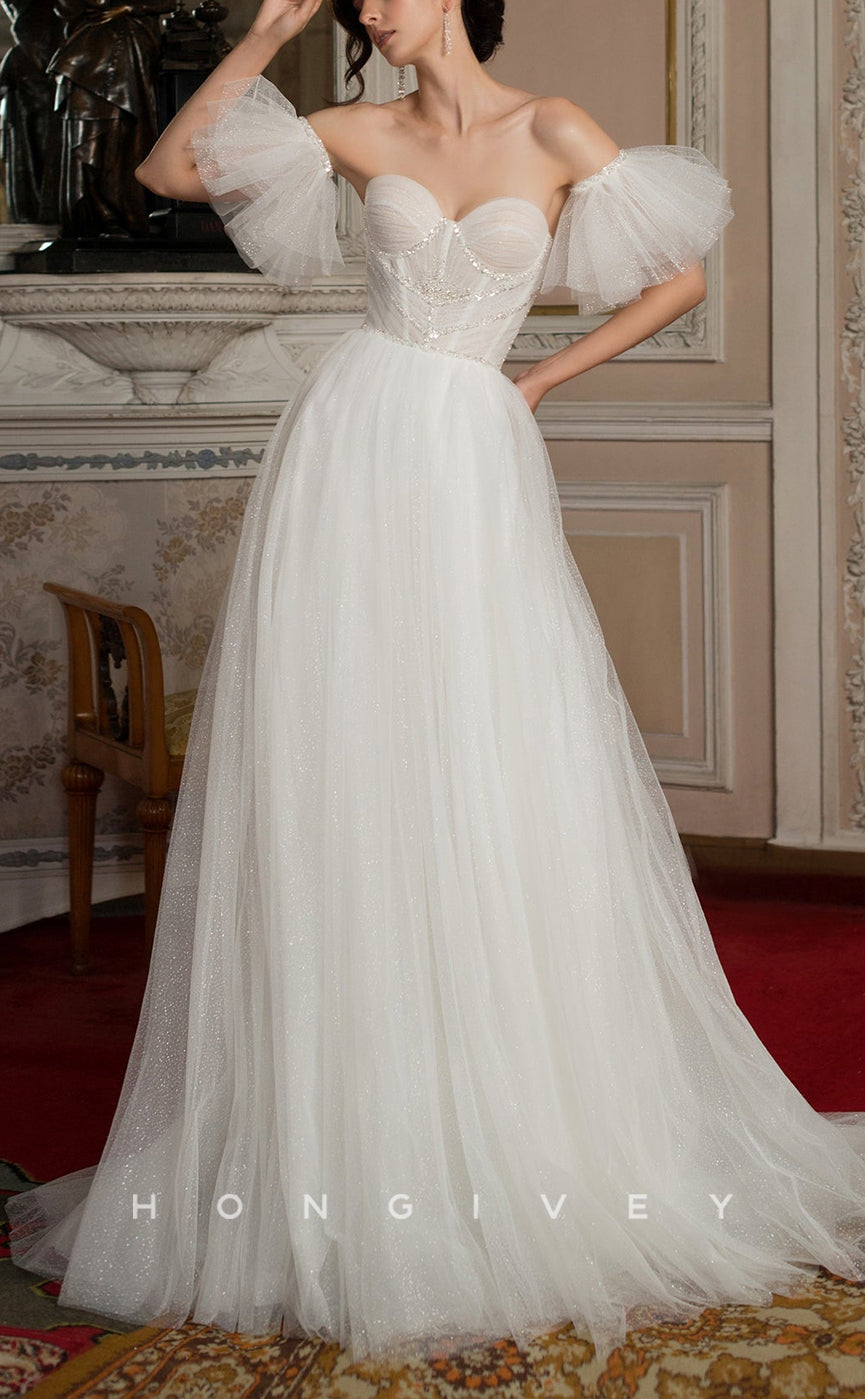 H1032 - Ornate Organza Sweetheart Strapless Puff Sleeves Gown Long Wedding Dress