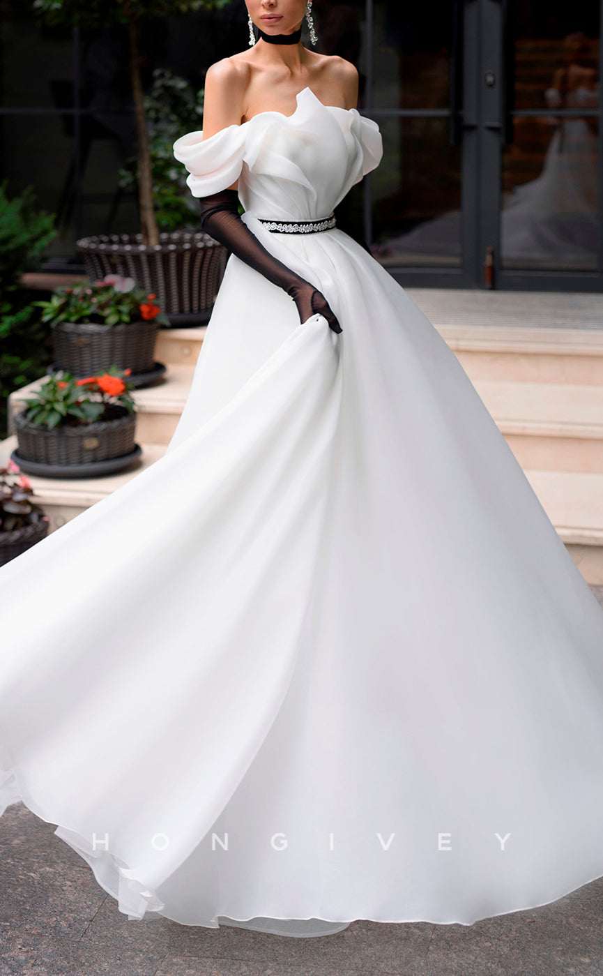 H1037 - Classic & Timeless Off-Shoulder Ruched Sashes Lace Sleeves Wedding Dress