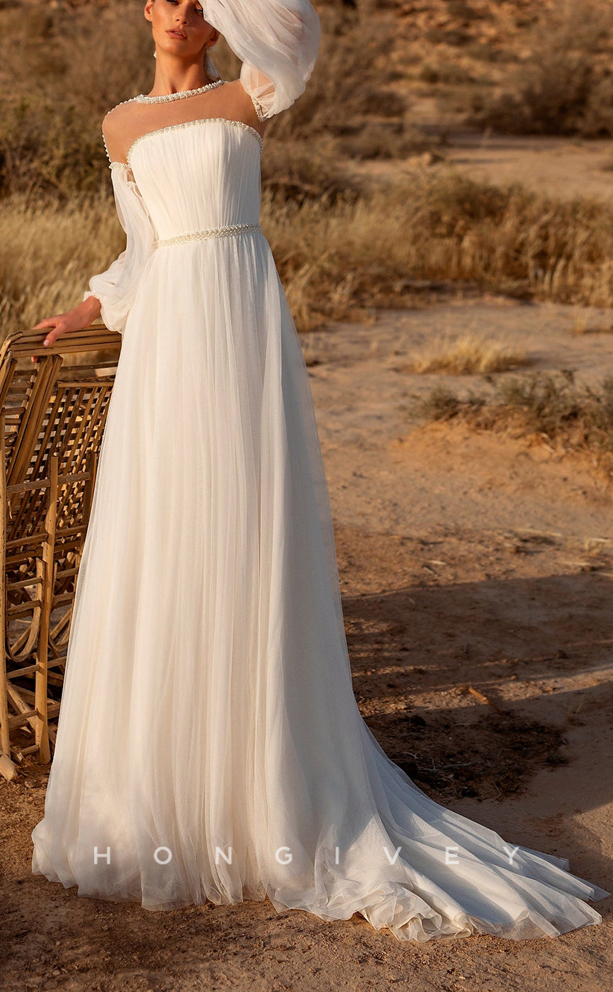 H1040 - Elegant & Luxurious Round Sheer Long Sleeves Beaded Long Wedding Dress