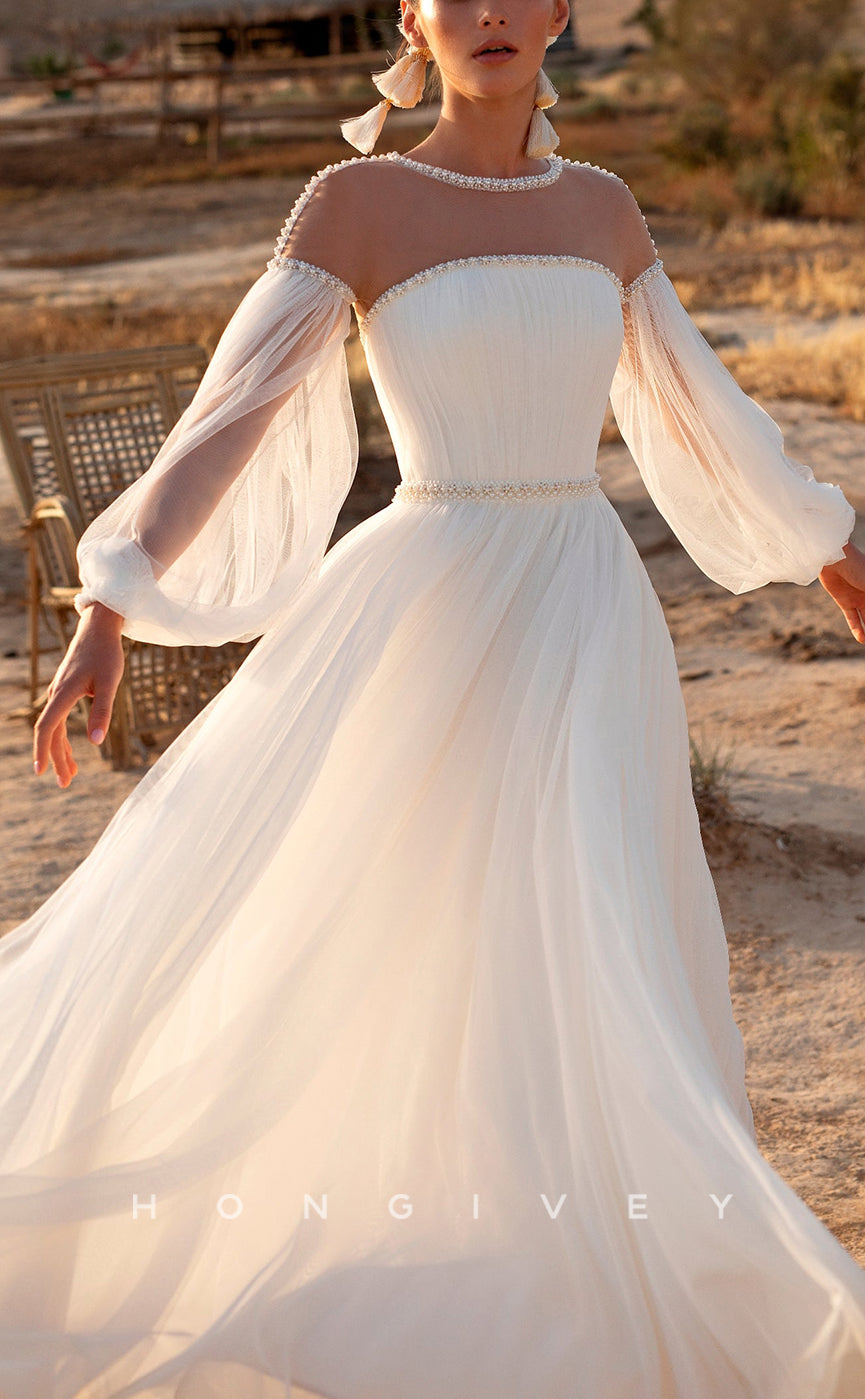 H1040 - Elegant & Luxurious Round Sheer Long Sleeves Beaded Long Wedding Dress