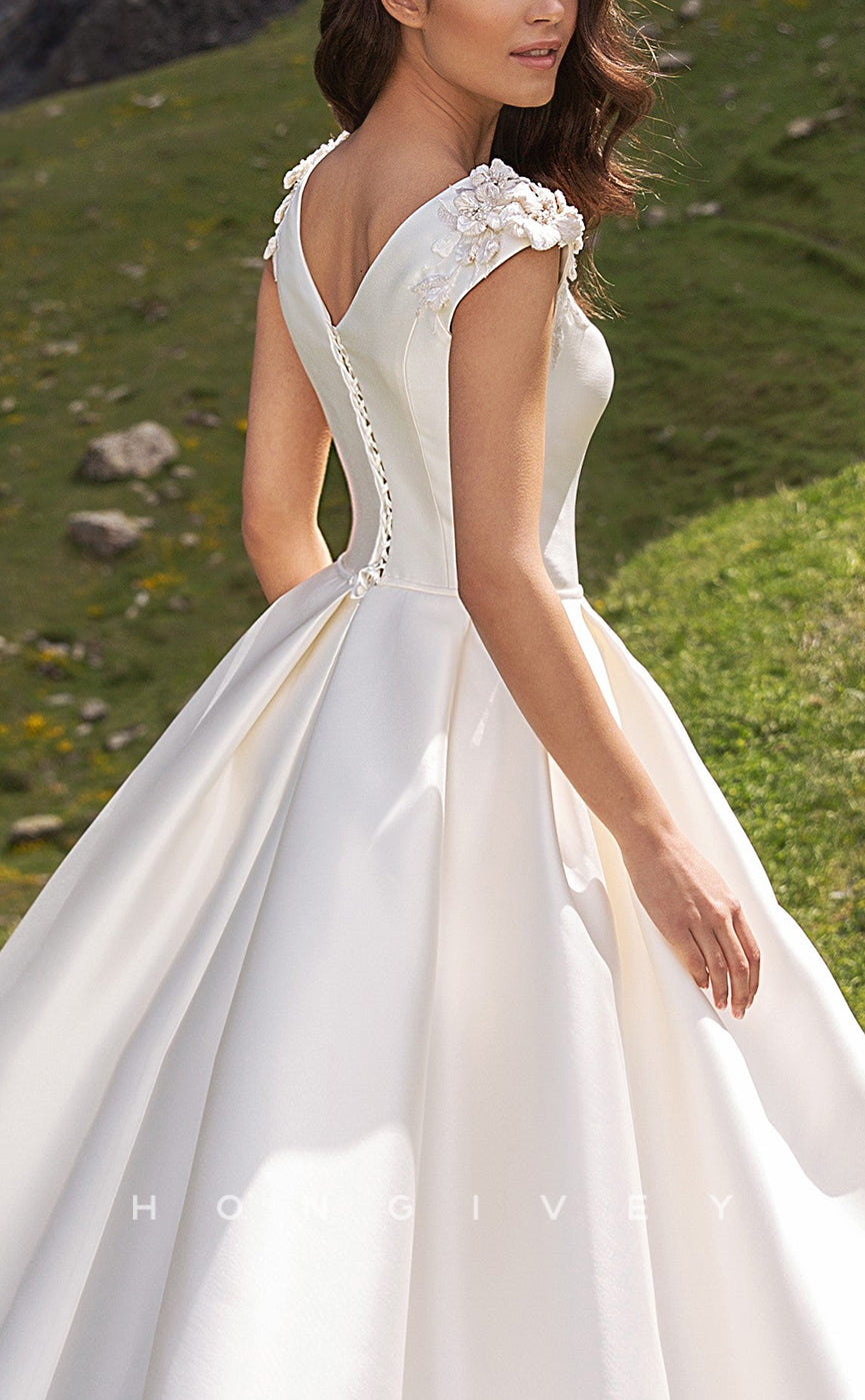 H1042 - Glamorous & Dramatic Satin Bateau With Pockets Floral Embossed Wedding Dress