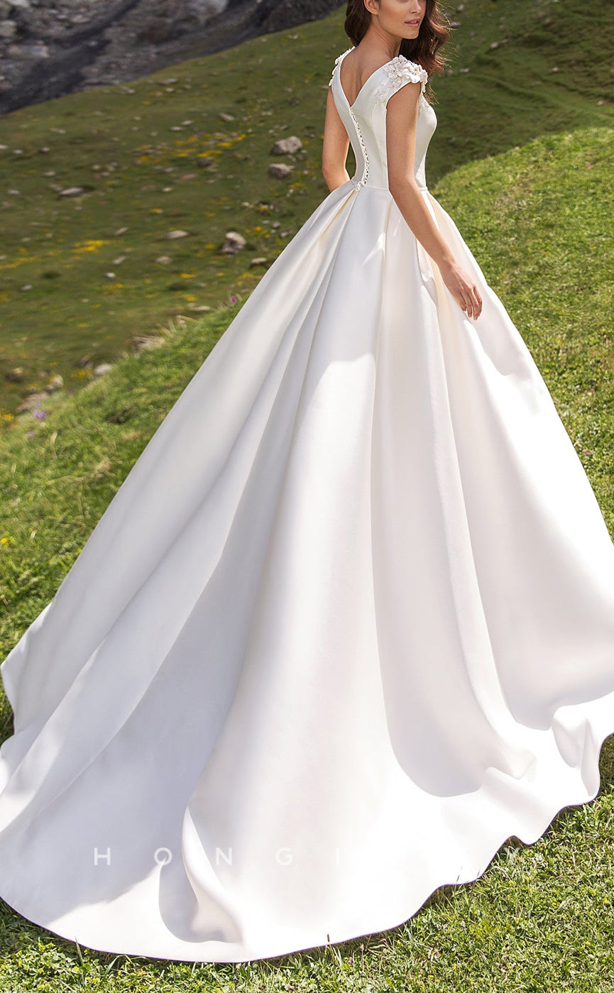 H1042 - Glamorous & Dramatic Satin Bateau With Pockets Floral Embossed Wedding Dress