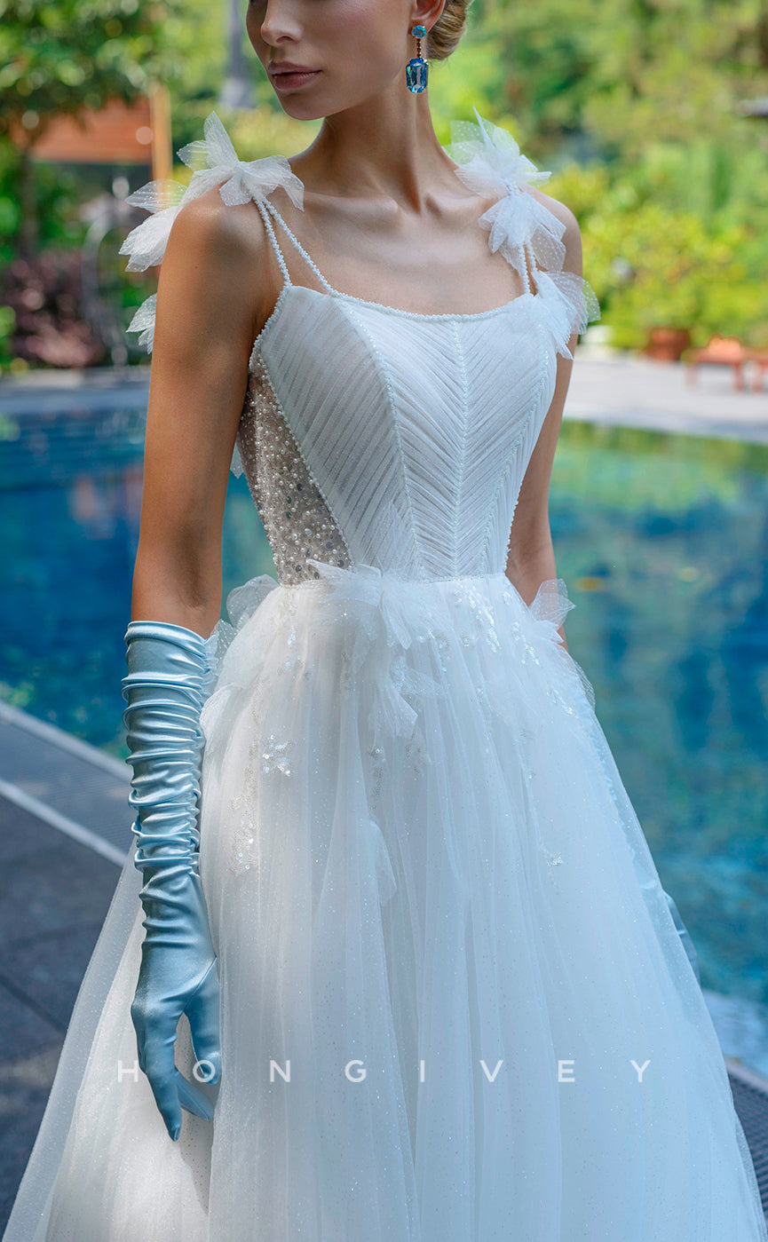 H1051 - Glamorous & Dramatic Square Spaghetti Straps Floral Embossed With Gloves Long Wedding Dress