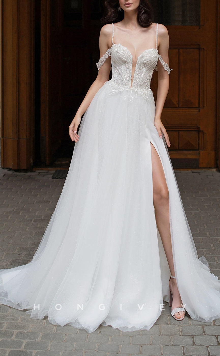 H1052 - Ornate V-Neck Embroidery Spaghetti Straps Empire With Side Slit Long Wedding Dress