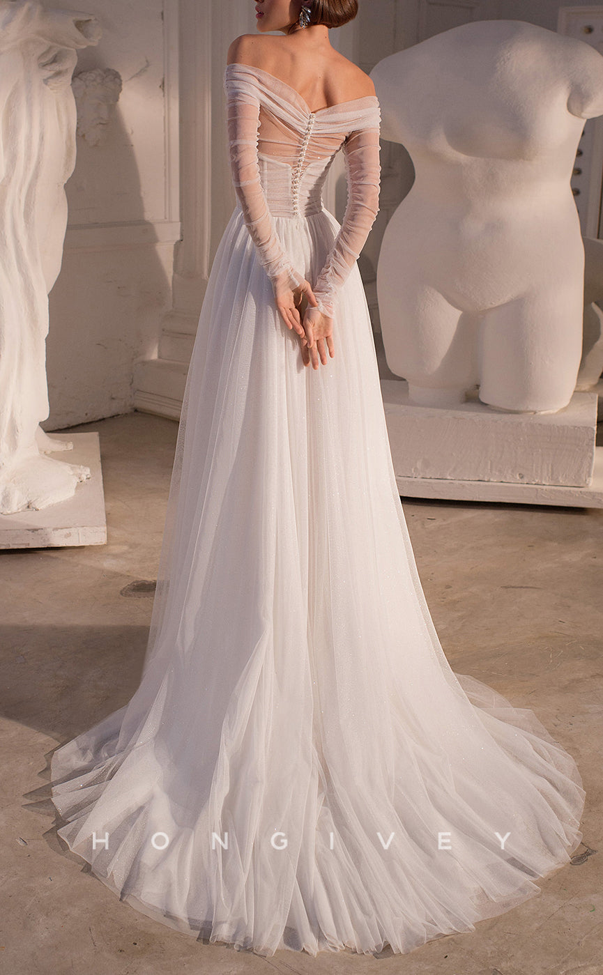 H1053 - Chic & Modern Tulle Illusion Off-Shoulder Long Sleeves Pearl With Train Wedding Dress